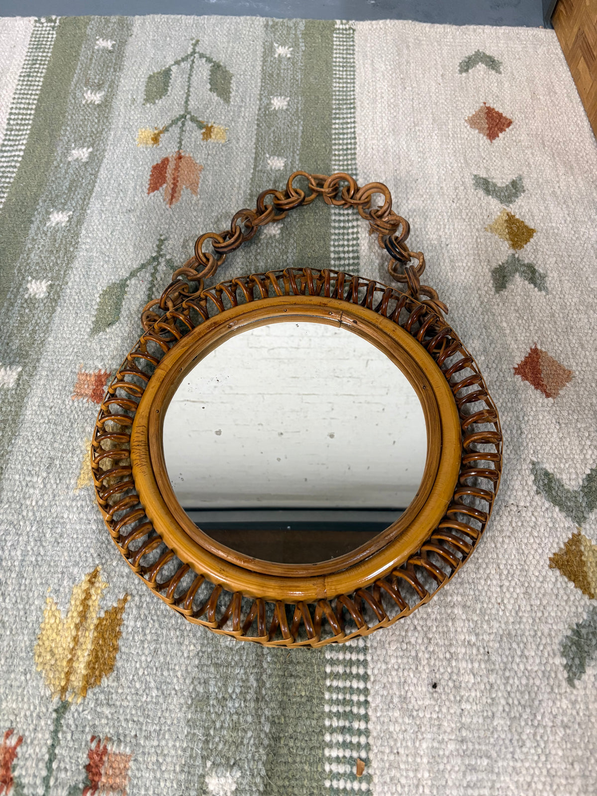 Round Rattan and Bamboo Wall Mirror, attributed to Bonacina, with Cane Chain, Italy (Riviera), c.1960s
