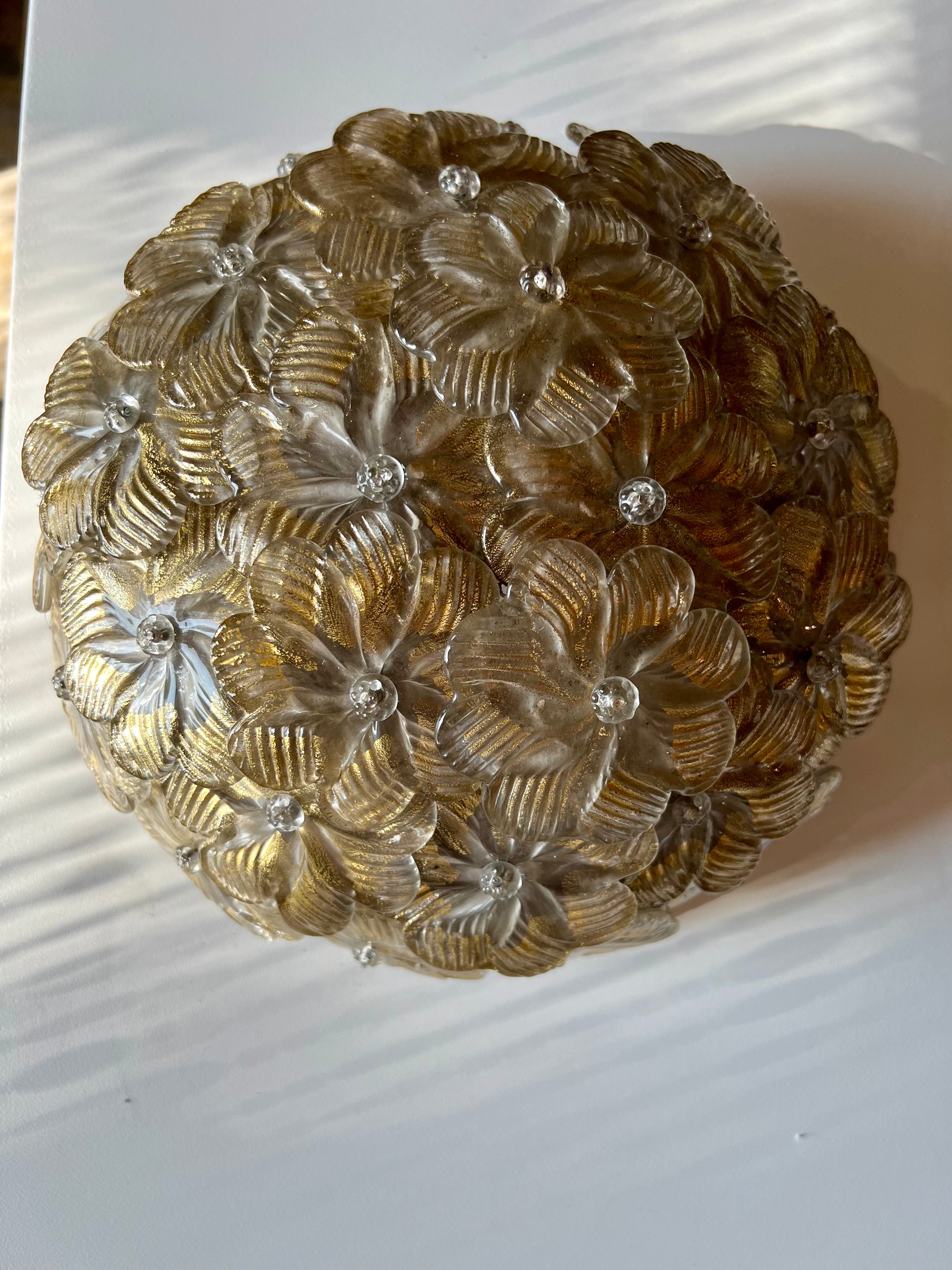 1960s Seguso for Venini Murano Flush Mount with Gold Glass Flowers
