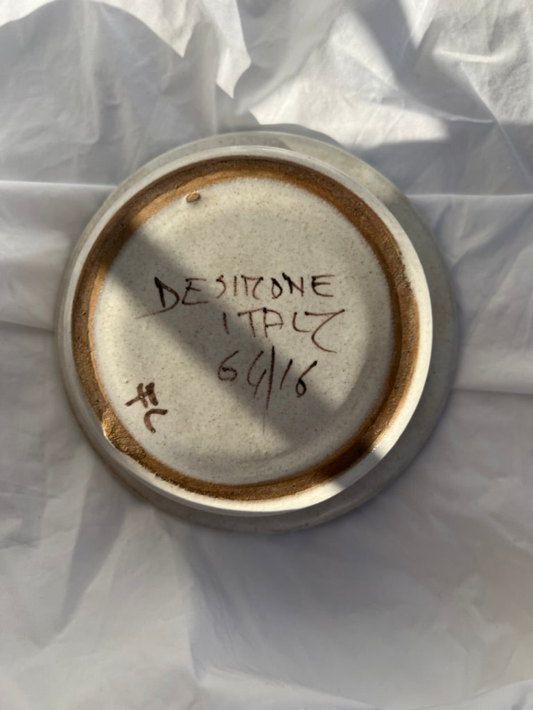 Giovanni DeSimone Hand-Painted Ceramic Ashtray, Sun Face with Blue Rim, Italy, 1964