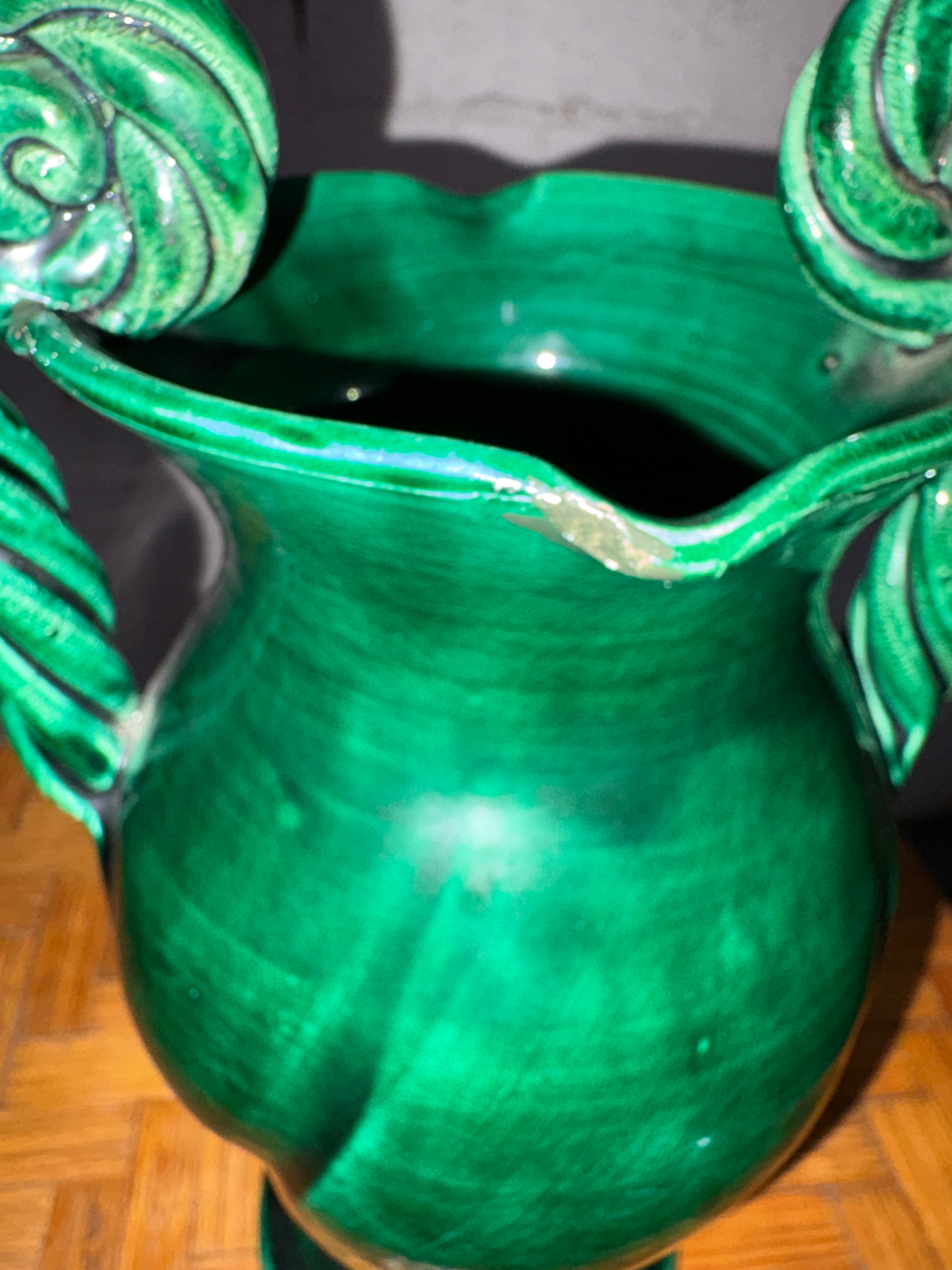 Vallauris Twin-Handled Vase, Emerald-Green Glaze with Spiral Rope Handles, France, c.1950s–1960s