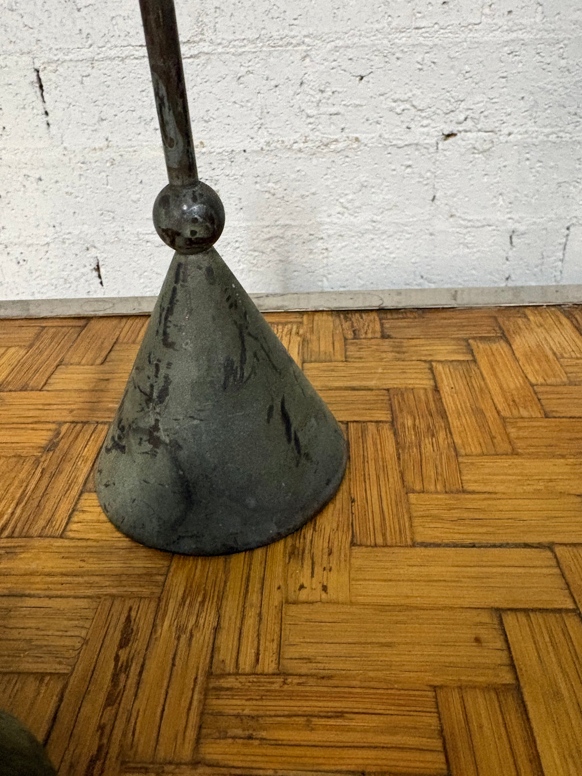 Pair of Memphis-Style Iron Candlesticks, Geometric Verdigris Forms, c.1980s
