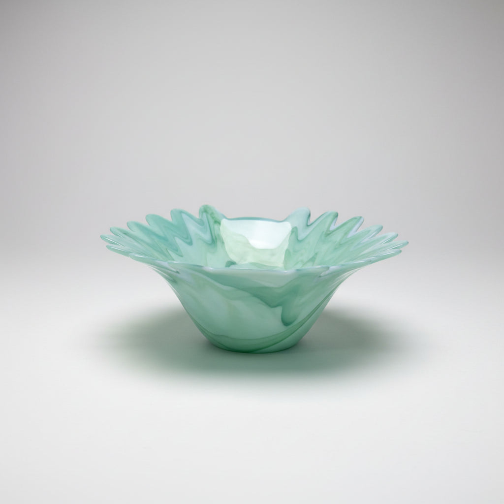 Murano Cased Glass Centrepiece Bowl, Marbled Green with Star Rim, Italy, c.1960s–1970s