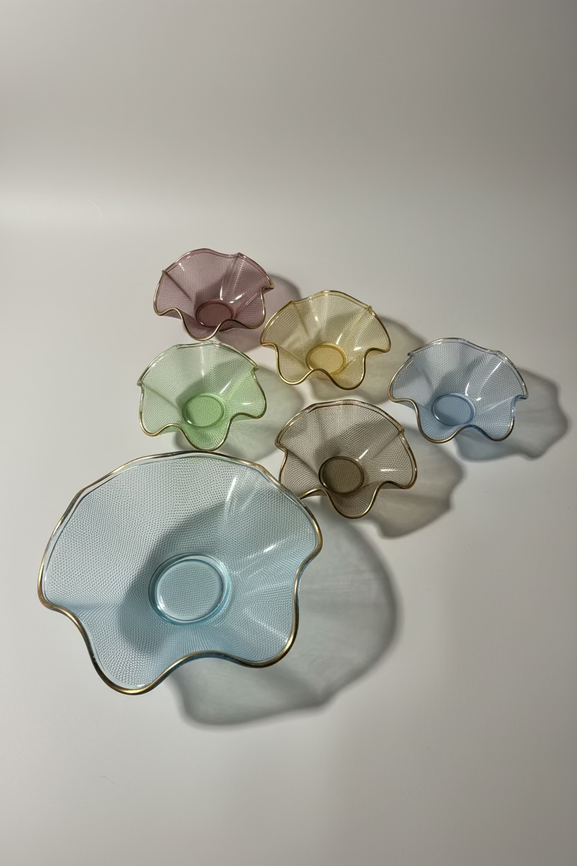 Set of Six Flower-Form Footed Glass Bowls, Gilt-Edged Textured Glass, Italy, c.1970s–1980s