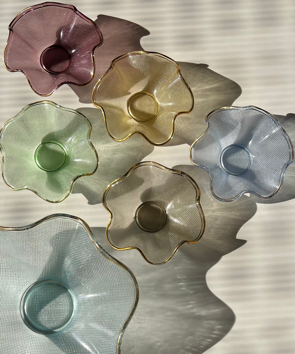 Set of Six Flower-Form Footed Glass Bowls, Gilt-Edged Textured Glass, Italy, c.1970s–1980s