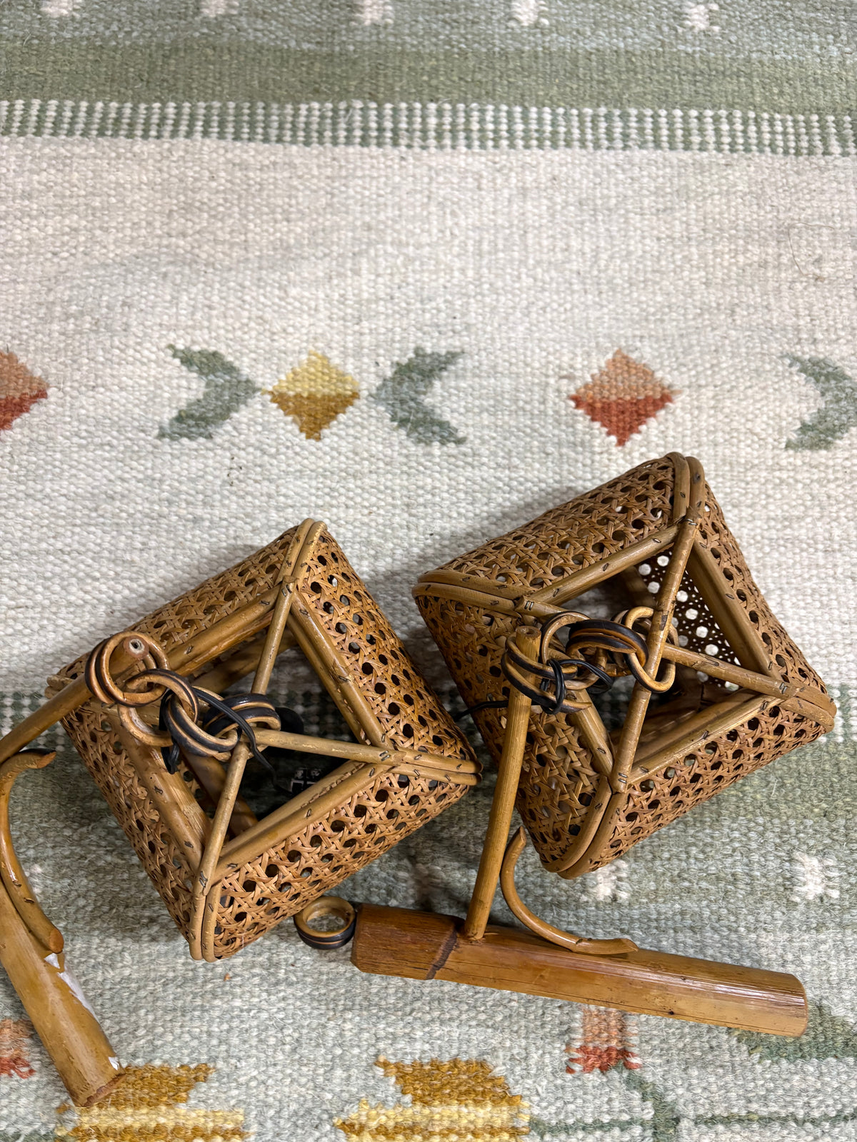 Pair of Bamboo and Cane Lantern Wall Lights, Riviera Style, Italy, c.1960s–1970s