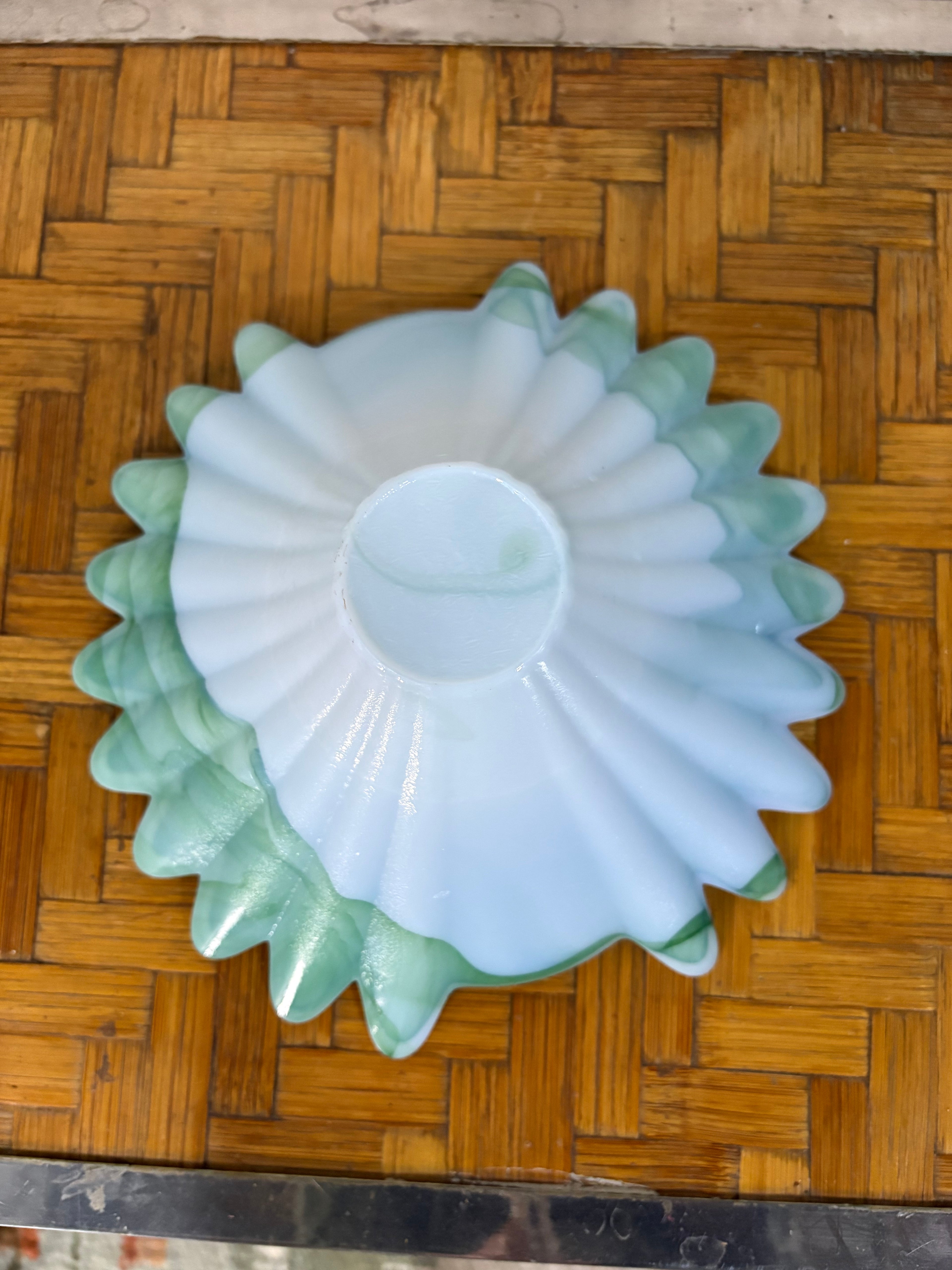 Murano Cased Glass Centrepiece Bowl, Marbled Green with Star Rim, Italy, c.1960s–1970s