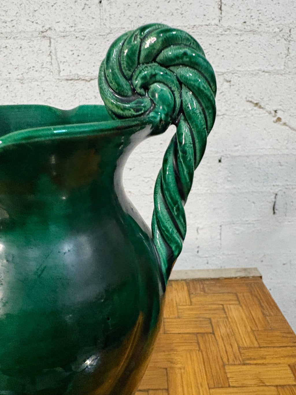 Vallauris Twin-Handled Vase, Emerald-Green Glaze with Spiral Rope Handles, France, c.1950s–1960s