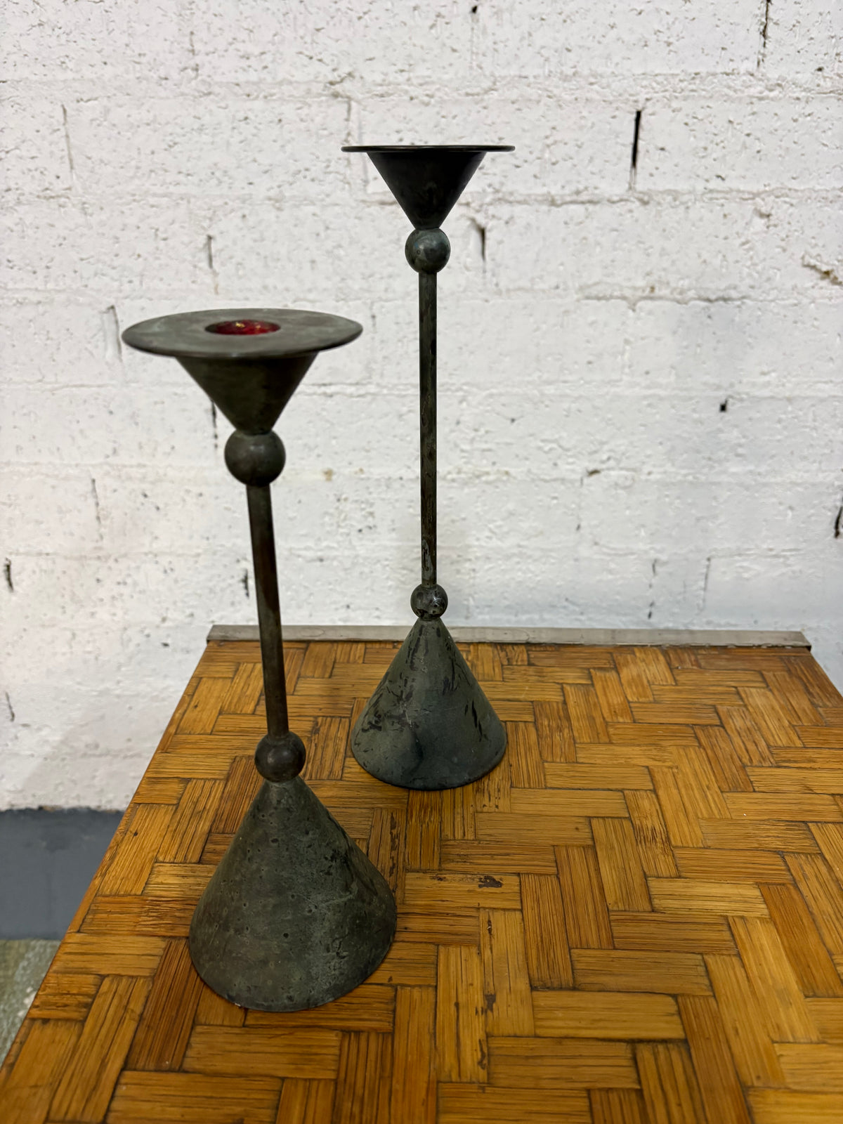 Pair of Memphis-Style Iron Candlesticks, Geometric Verdigris Forms, c.1980s