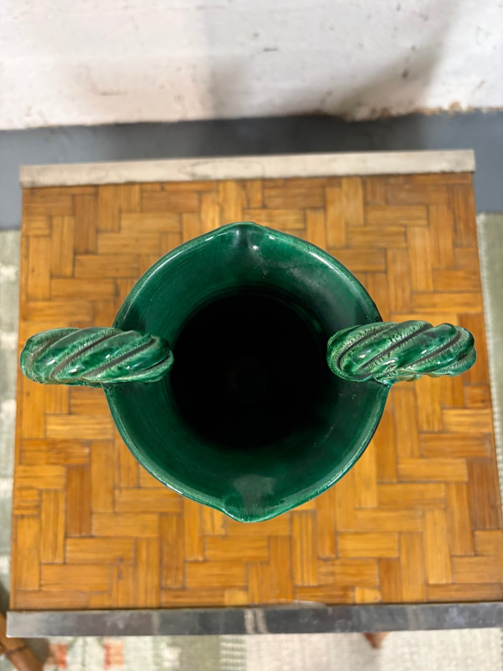 Vallauris Twin-Handled Vase, Emerald-Green Glaze with Spiral Rope Handles, France, c.1950s–1960s