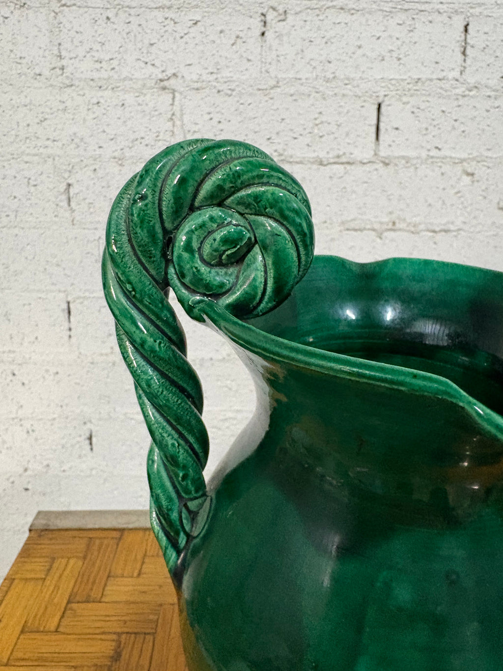 Vallauris Twin-Handled Vase, Emerald-Green Glaze with Spiral Rope Handles, France, c.1950s–1960s