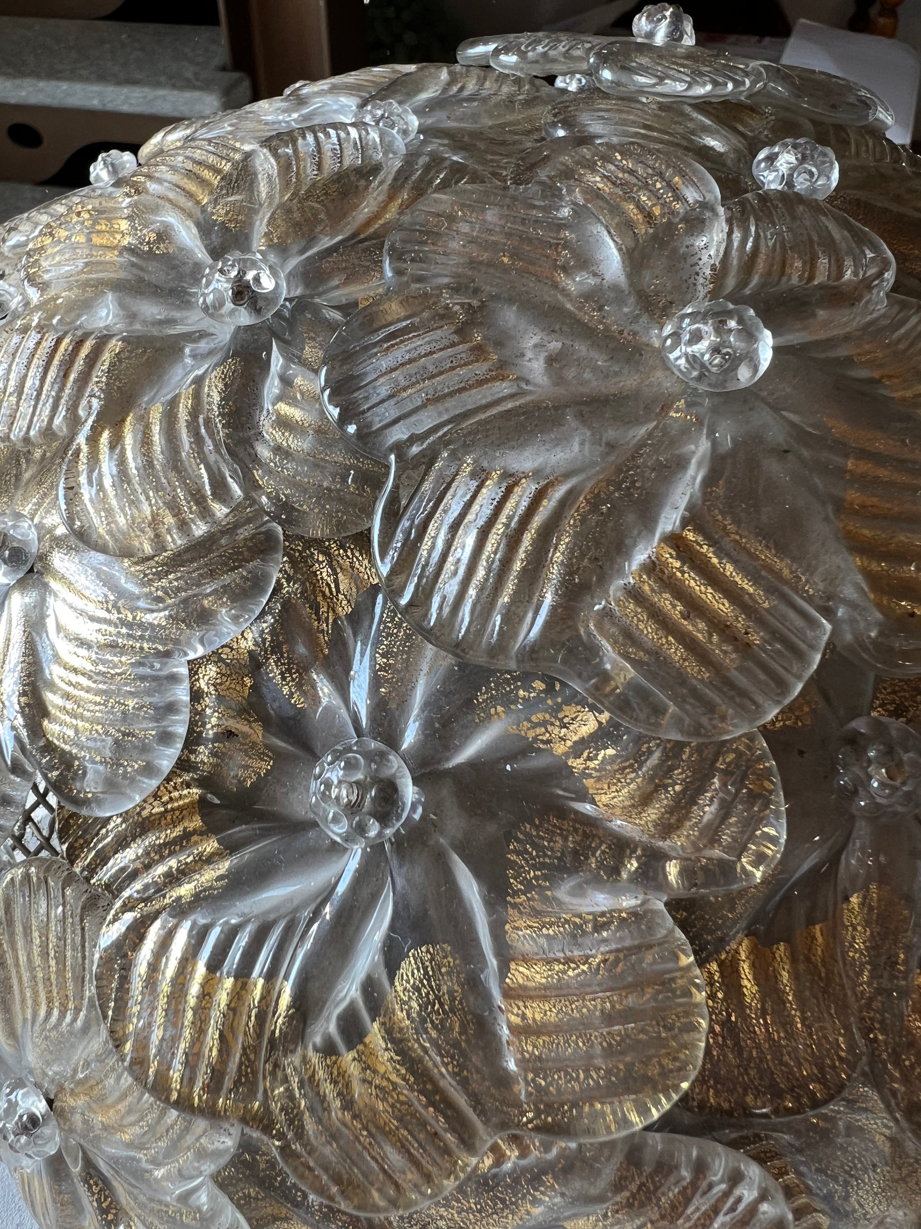 1960s Seguso for Venini Murano Flush Mount with Gold Glass Flowers