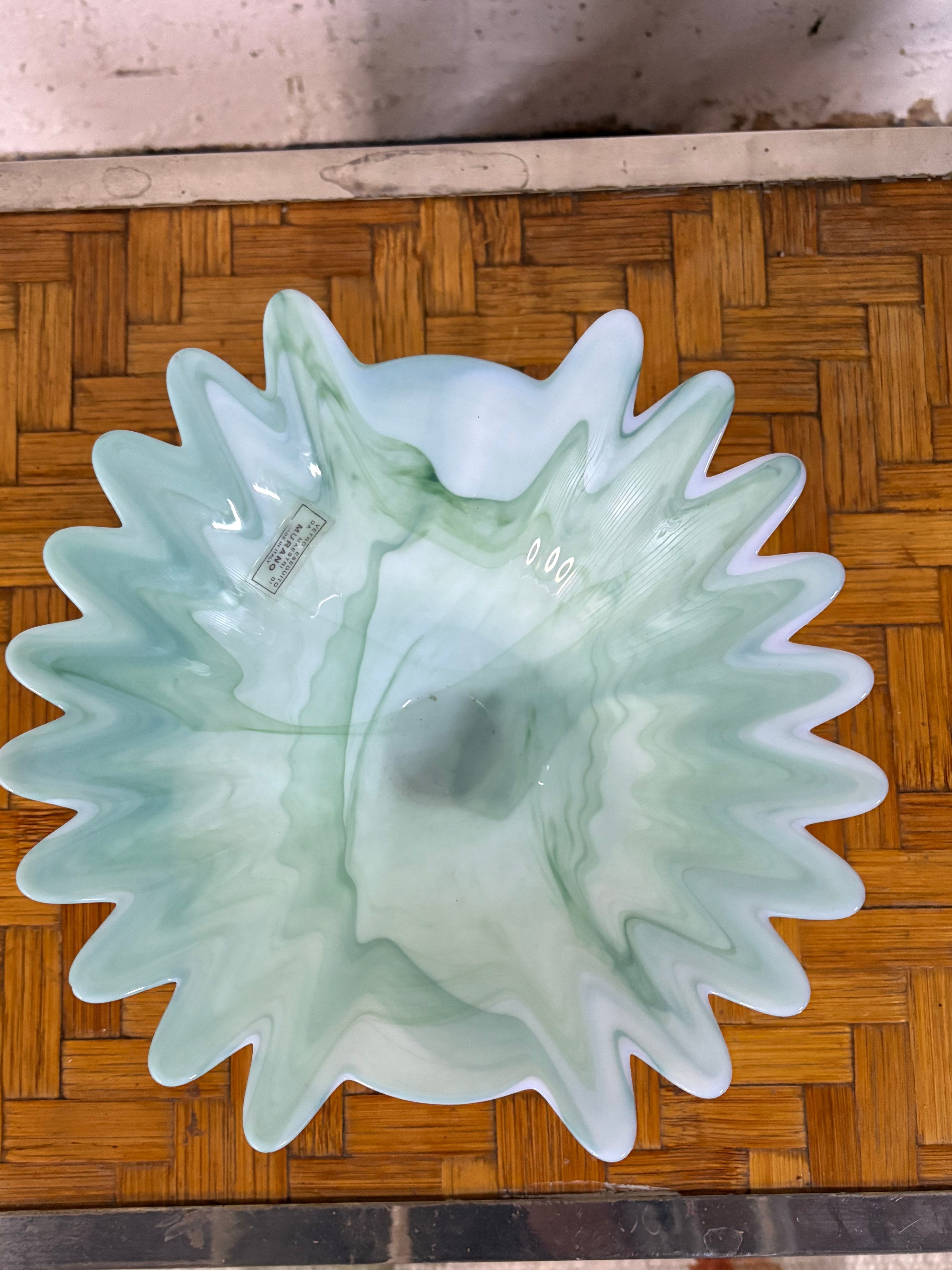 Murano Cased Glass Centrepiece Bowl, Marbled Green with Star Rim, Italy, c.1960s–1970s