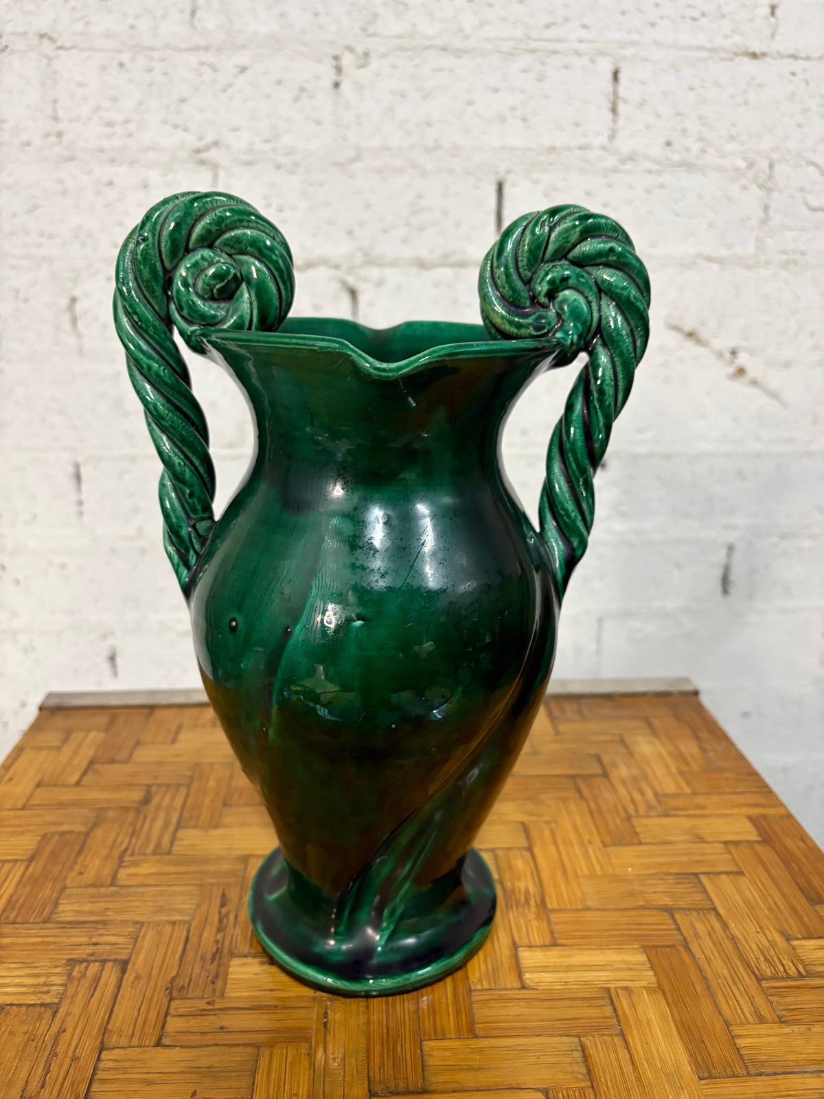 Vallauris Twin-Handled Vase, Emerald-Green Glaze with Spiral Rope Handles, France, c.1950s–1960s