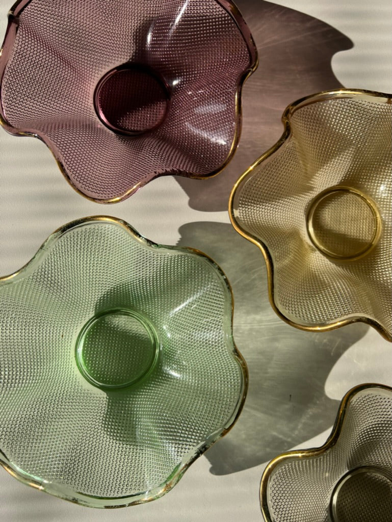 Set of Six Flower-Form Footed Glass Bowls, Gilt-Edged Textured Glass, Italy, c.1970s–1980s