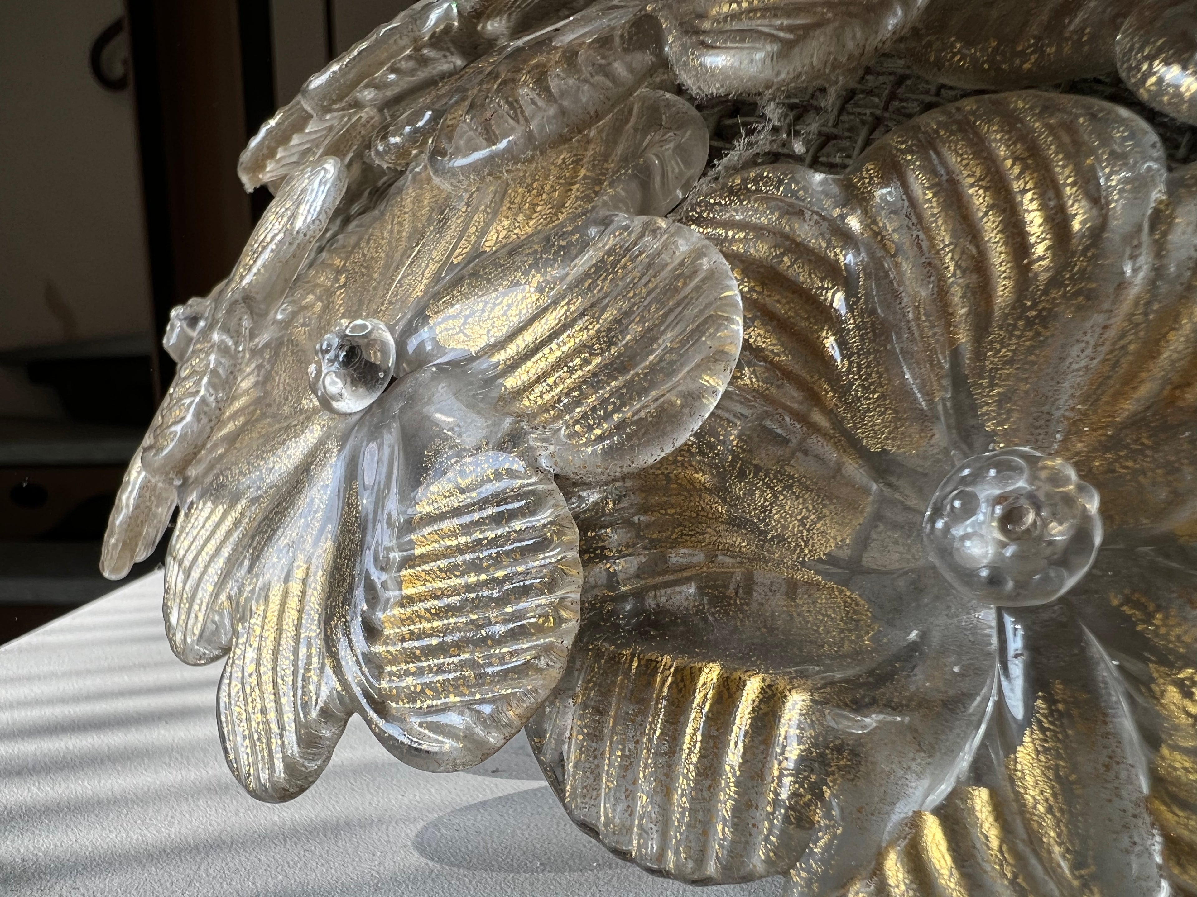1960s Seguso for Venini Murano Flush Mount with Gold Glass Flowers