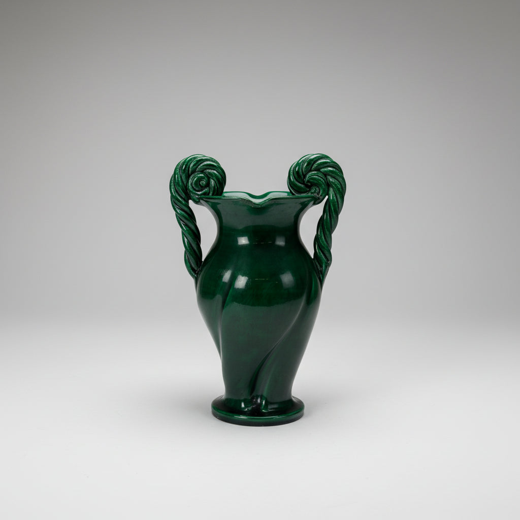 Vallauris Twin-Handled Vase, Emerald-Green Glaze with Spiral Rope Handles, France, c.1950s–1960s