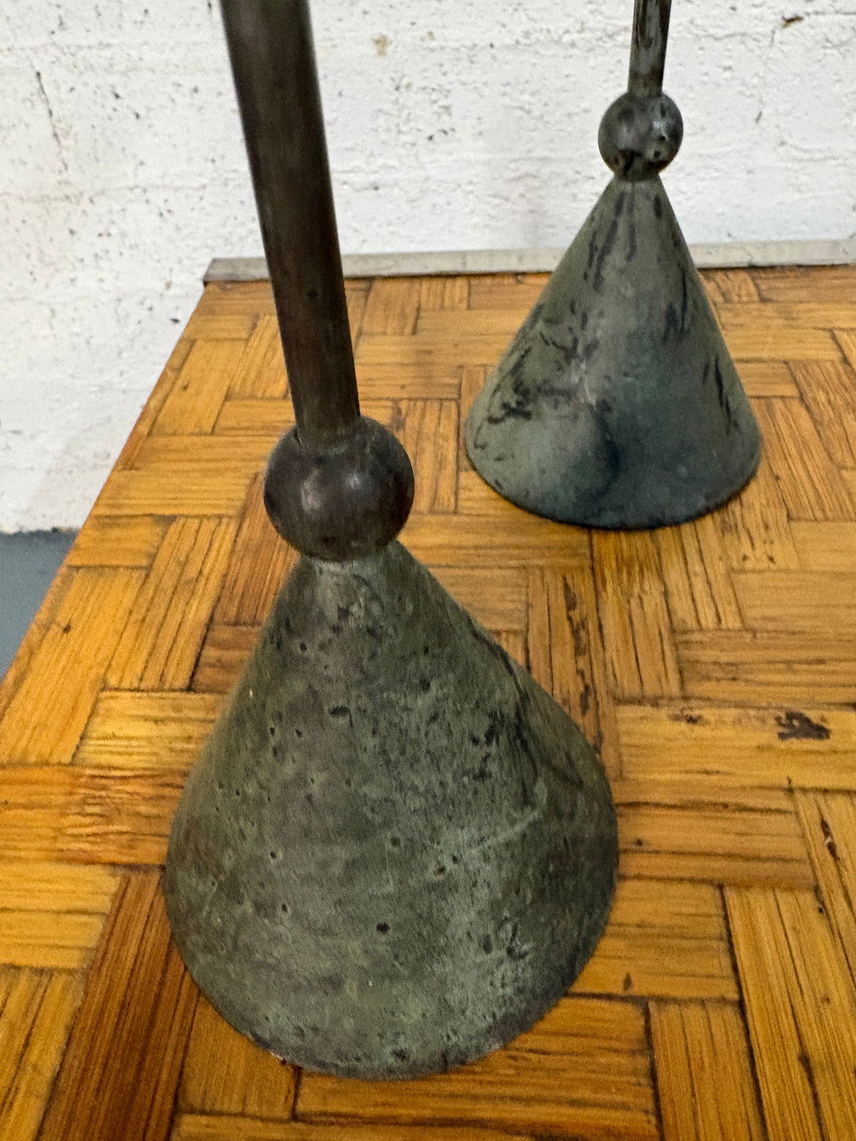 Pair of Memphis-Style Iron Candlesticks, Geometric Verdigris Forms, c.1980s