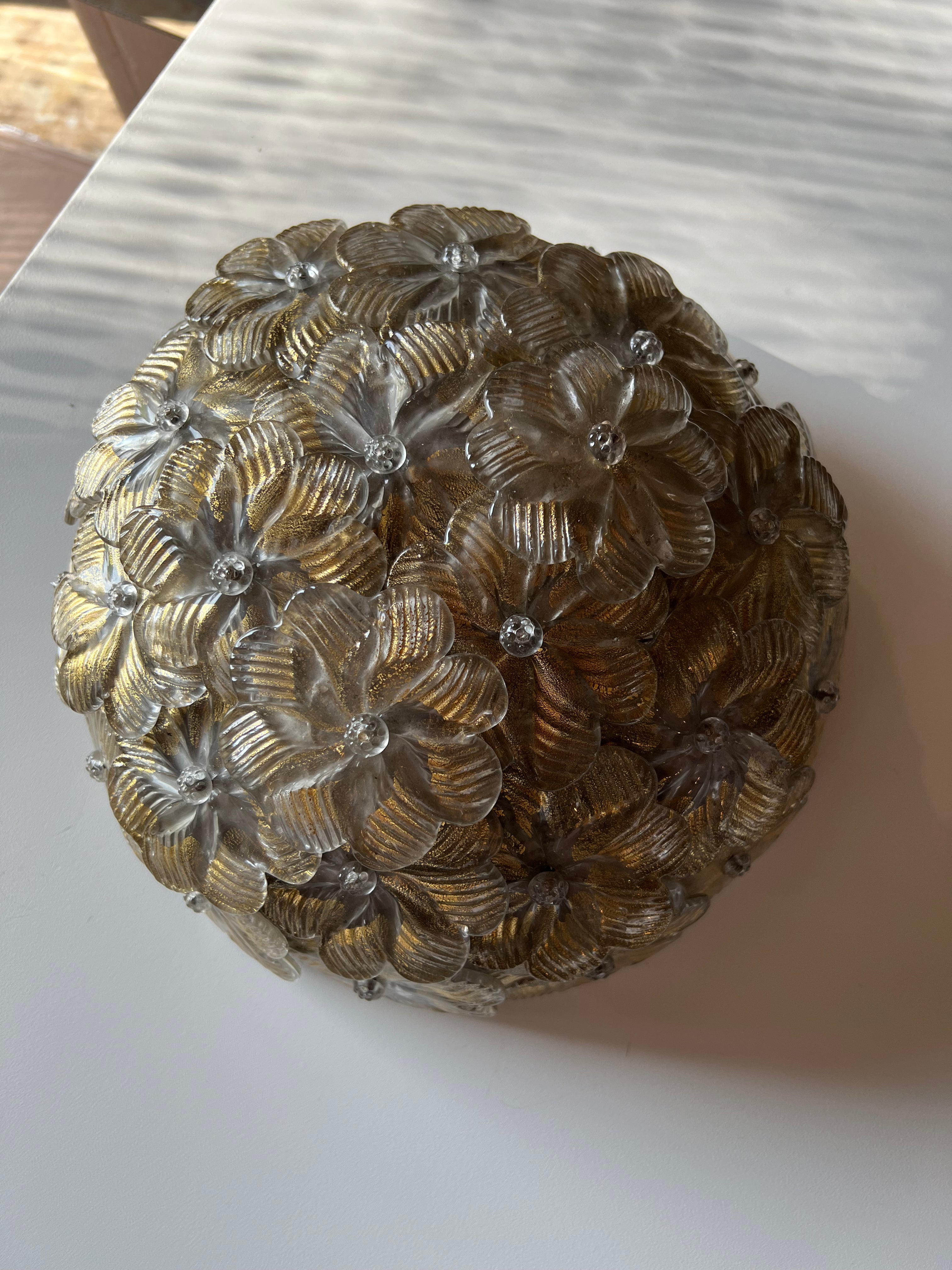 1960s Seguso for Venini Murano Flush Mount with Gold Glass Flowers