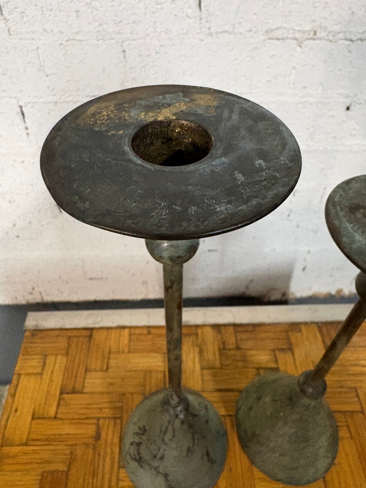 Pair of Memphis-Style Iron Candlesticks, Geometric Verdigris Forms, c.1980s