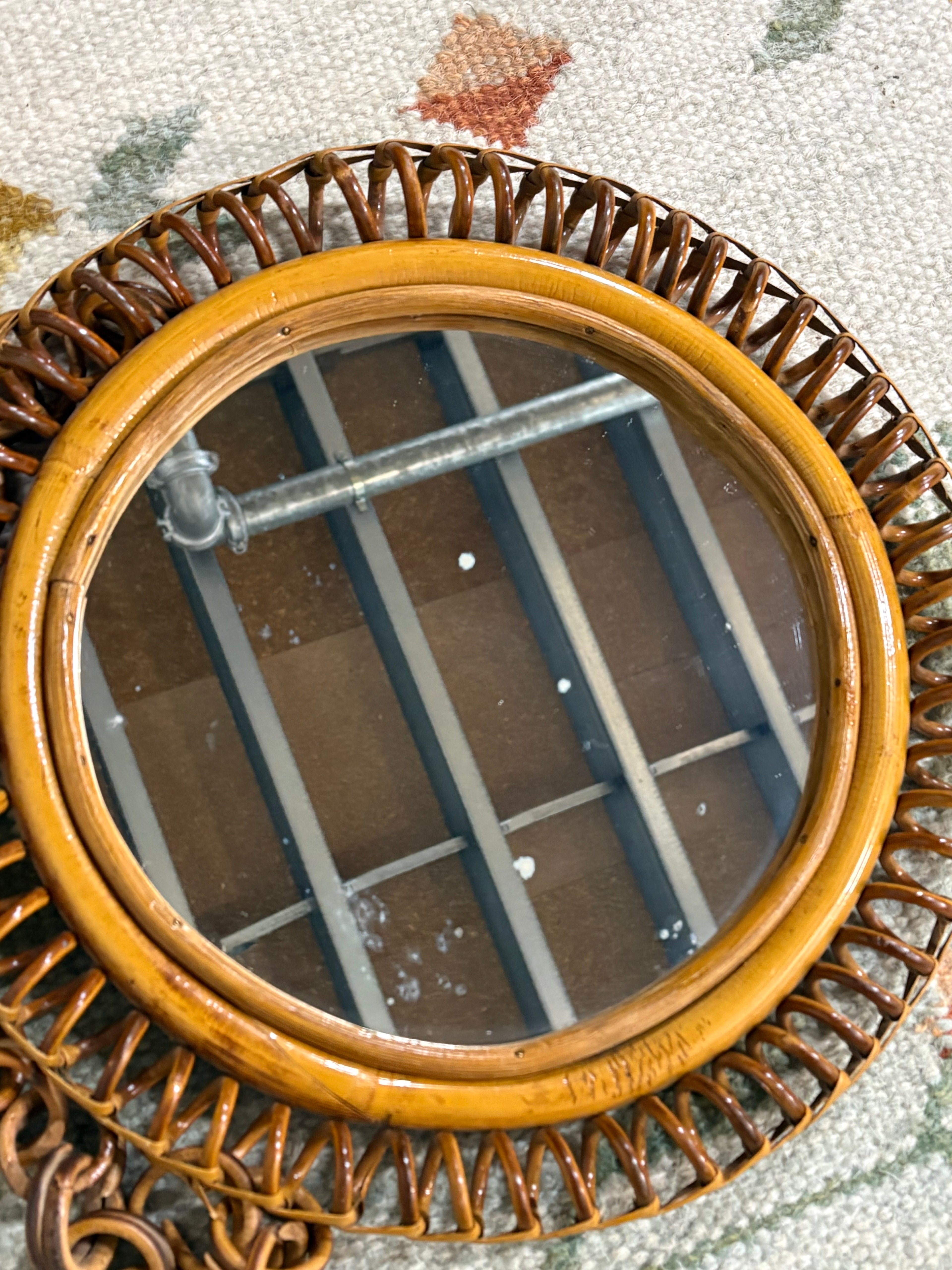 Round Rattan and Bamboo Wall Mirror, attributed to Bonacina, with Cane Chain, Italy (Riviera), c.1960s