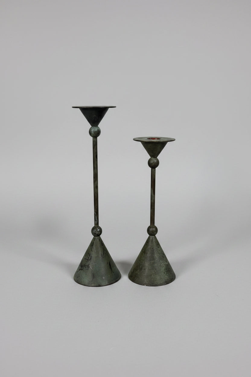 Pair of Memphis-Style Iron Candlesticks, Geometric Verdigris Forms, c.1980s