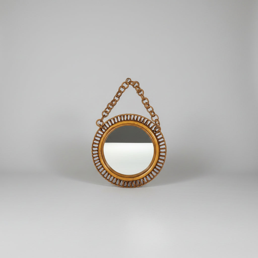 Round Rattan and Bamboo Wall Mirror, attributed to Bonacina, with Cane Chain, Italy (Riviera), c.1960s