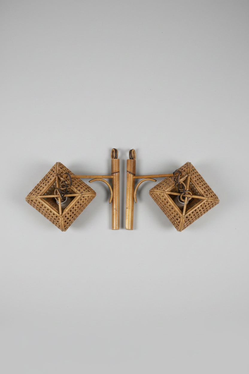 Pair of Bamboo and Cane Lantern Wall Lights, Riviera Style, Italy, c.1960s–1970s