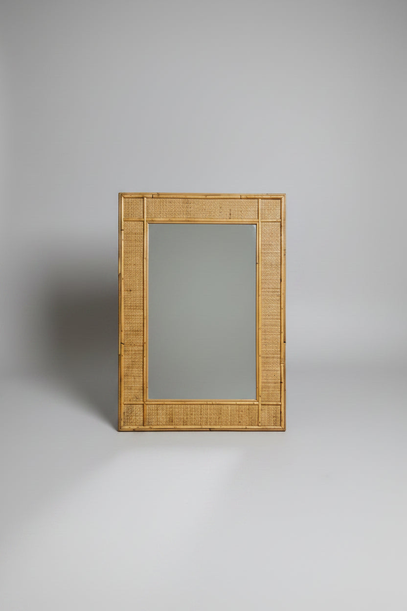 Bamboo and Rattan Wall Mirror in the Style of Dal Vera, Woven Cane Frame, Italy, c.1970s