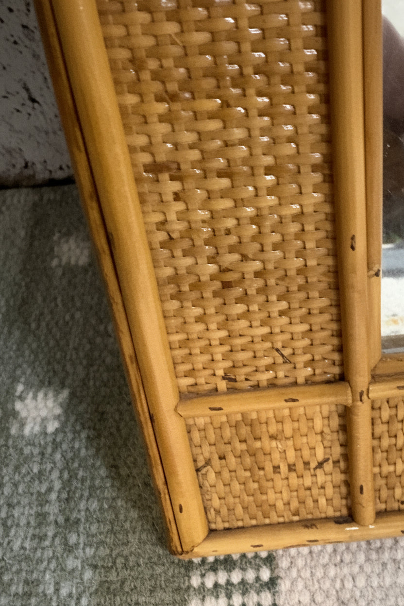 Bamboo and Rattan Wall Mirror in the Style of Dal Vera, Woven Cane Frame, Italy, c.1970s