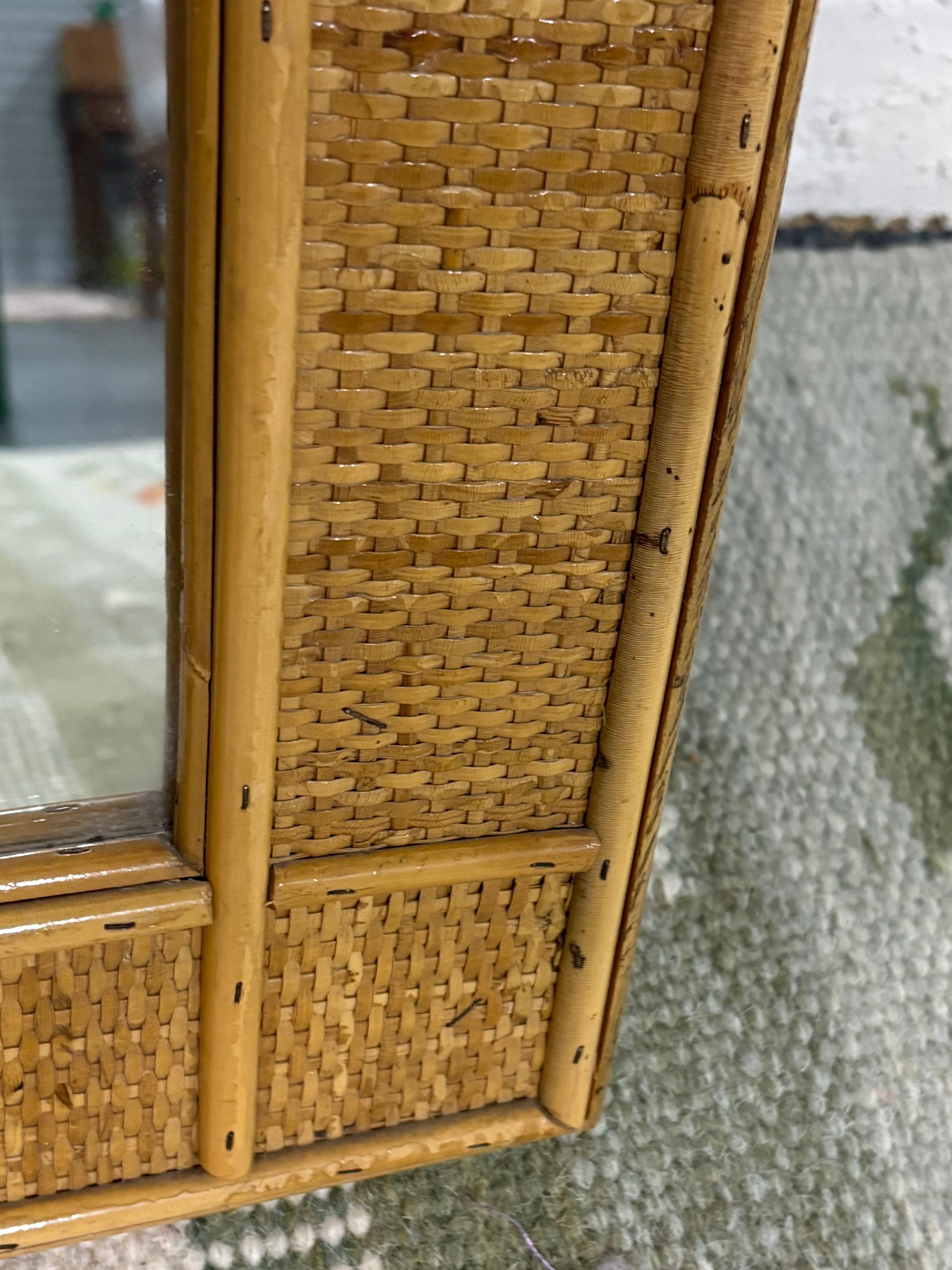 Bamboo and Rattan Wall Mirror in the Style of Dal Vera, Woven Cane Frame, Italy, c.1970s