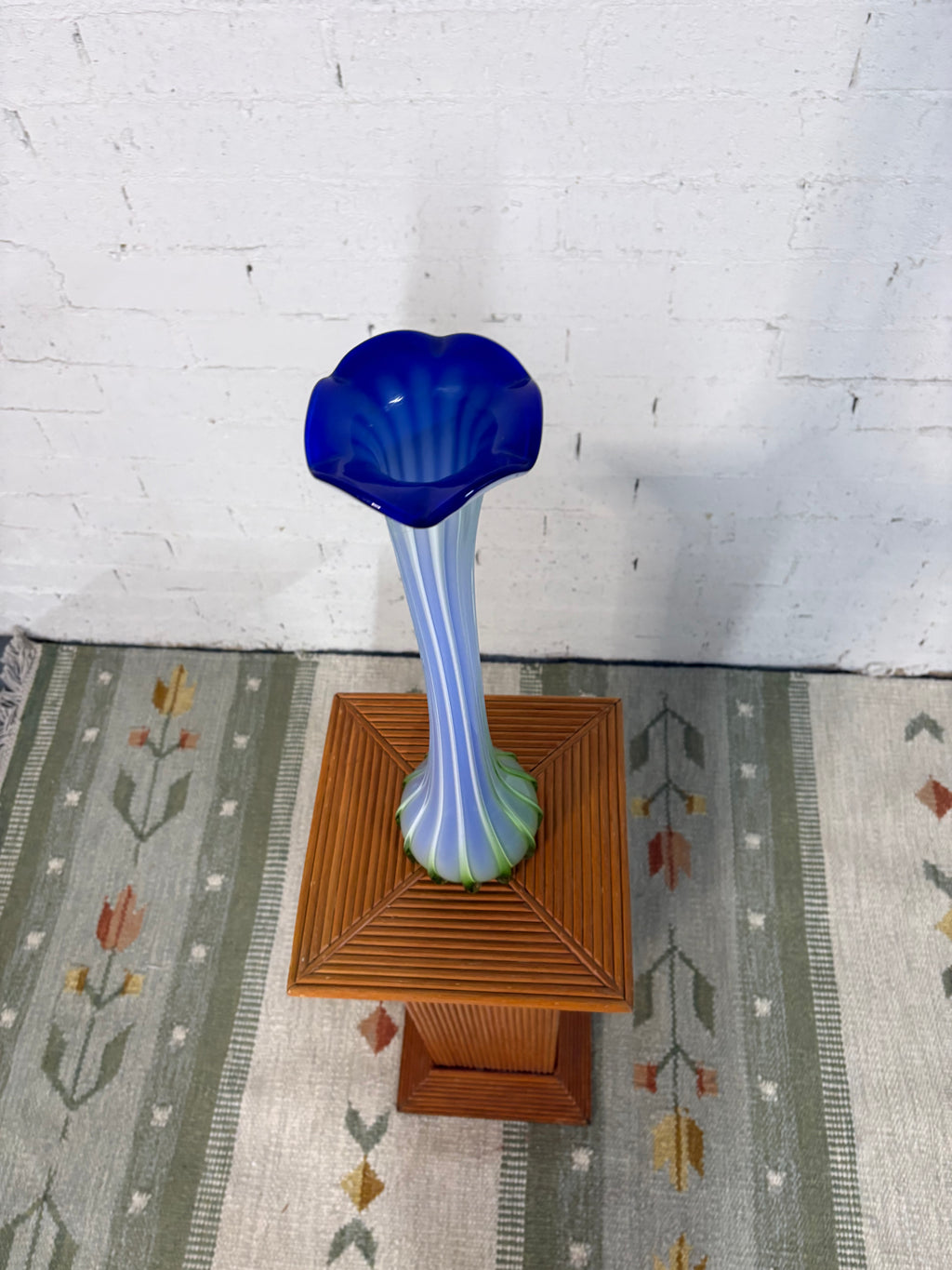 Hand-Blown Murano Vase, Green and Blue Pulled Stems, Italy, c.1960s