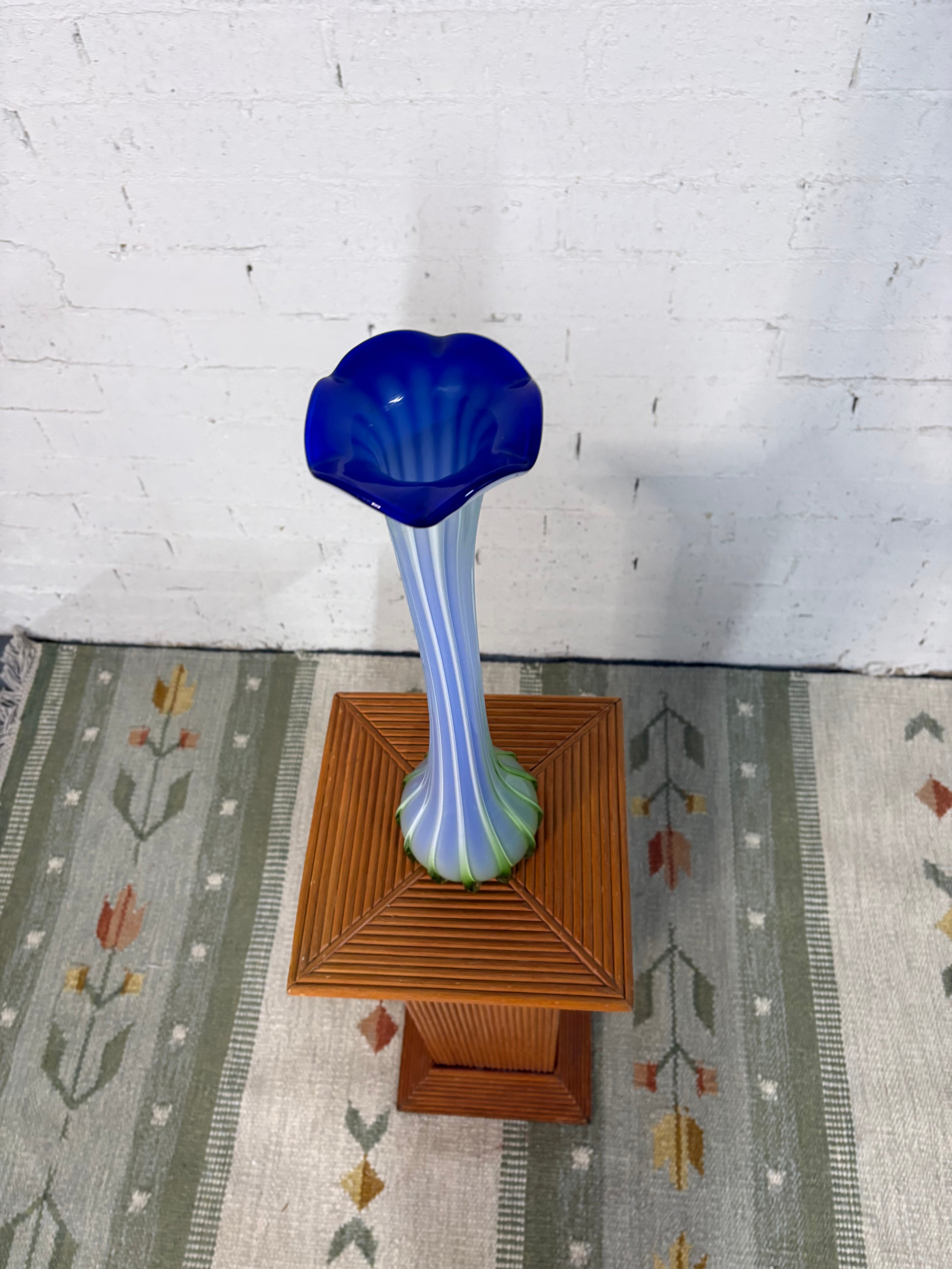 Hand-Blown Murano Vase, Green and Blue Pulled Stems, Italy, c.1960s