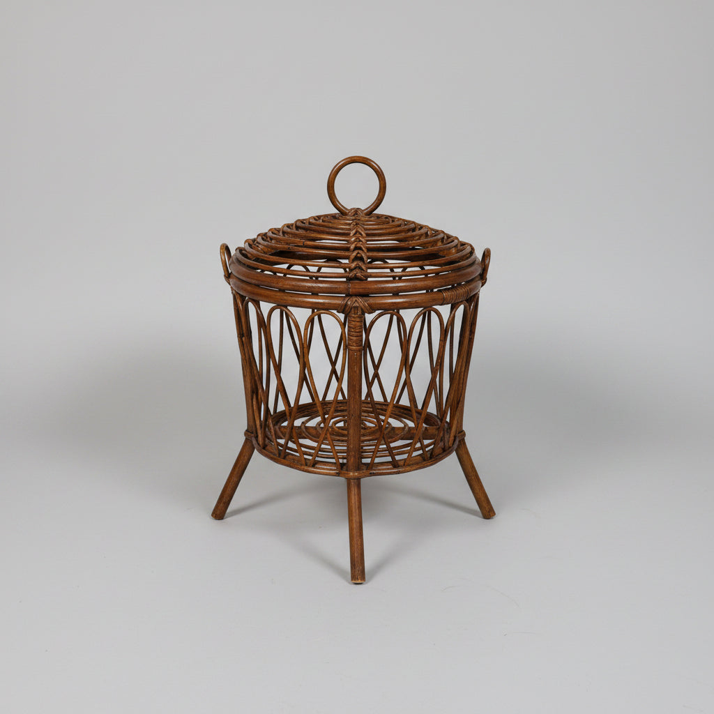Bamboo and Rattan Lidded Basket, Footed, Italy, c.1950s–1960s