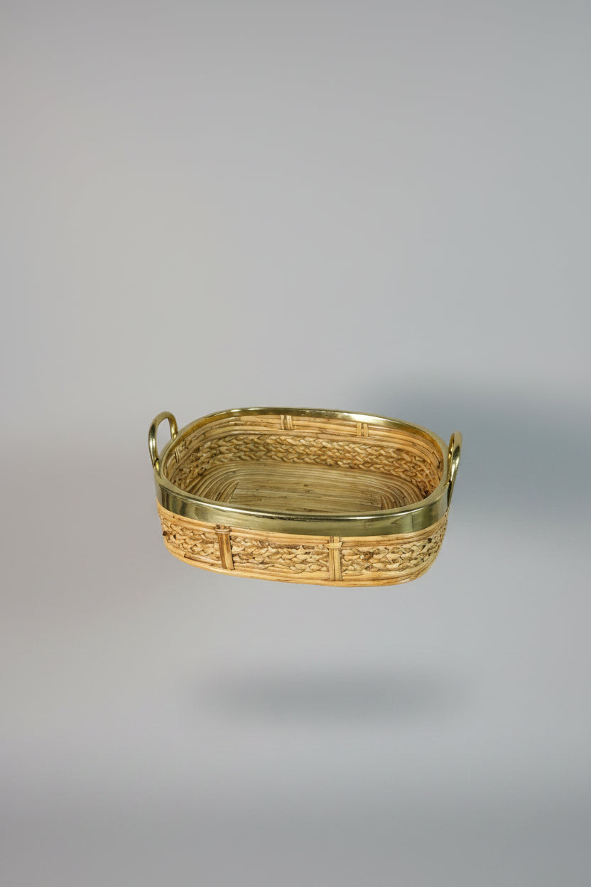 Large Rattan and Brass Handled Tray, in the Style of Gabriella Crespi, Italy, c.1970s