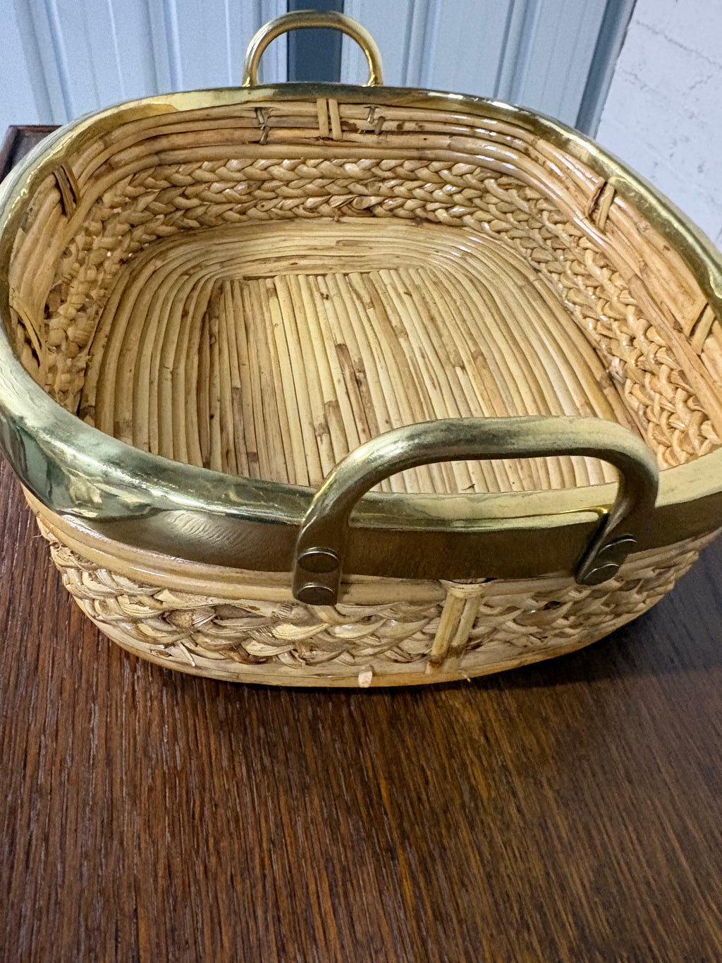 Large Rattan and Brass Handled Tray, in the Style of Gabriella Crespi, Italy, c.1970s