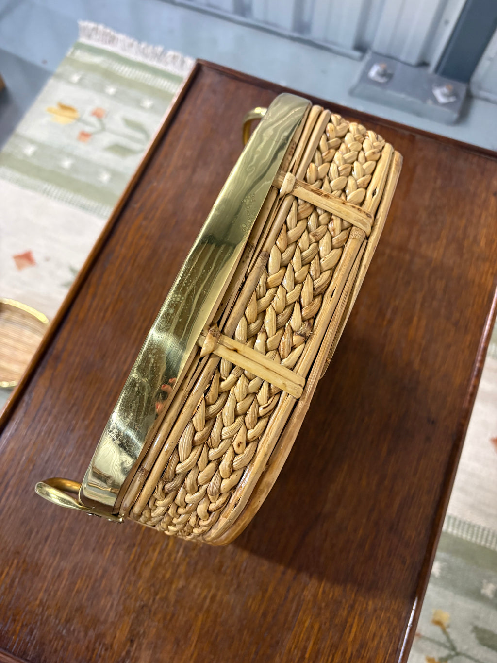 Large Rattan and Brass Handled Tray, in the Style of Gabriella Crespi, Italy, c.1970s