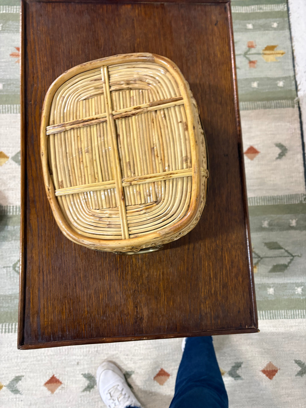 Large Rattan and Brass Handled Tray, in the Style of Gabriella Crespi, Italy, c.1970s