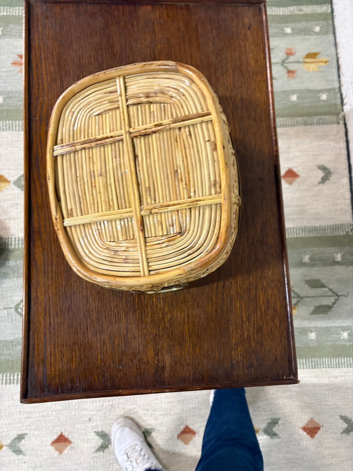 Large Rattan and Brass Handled Tray, in the Style of Gabriella Crespi, Italy, c.1970s