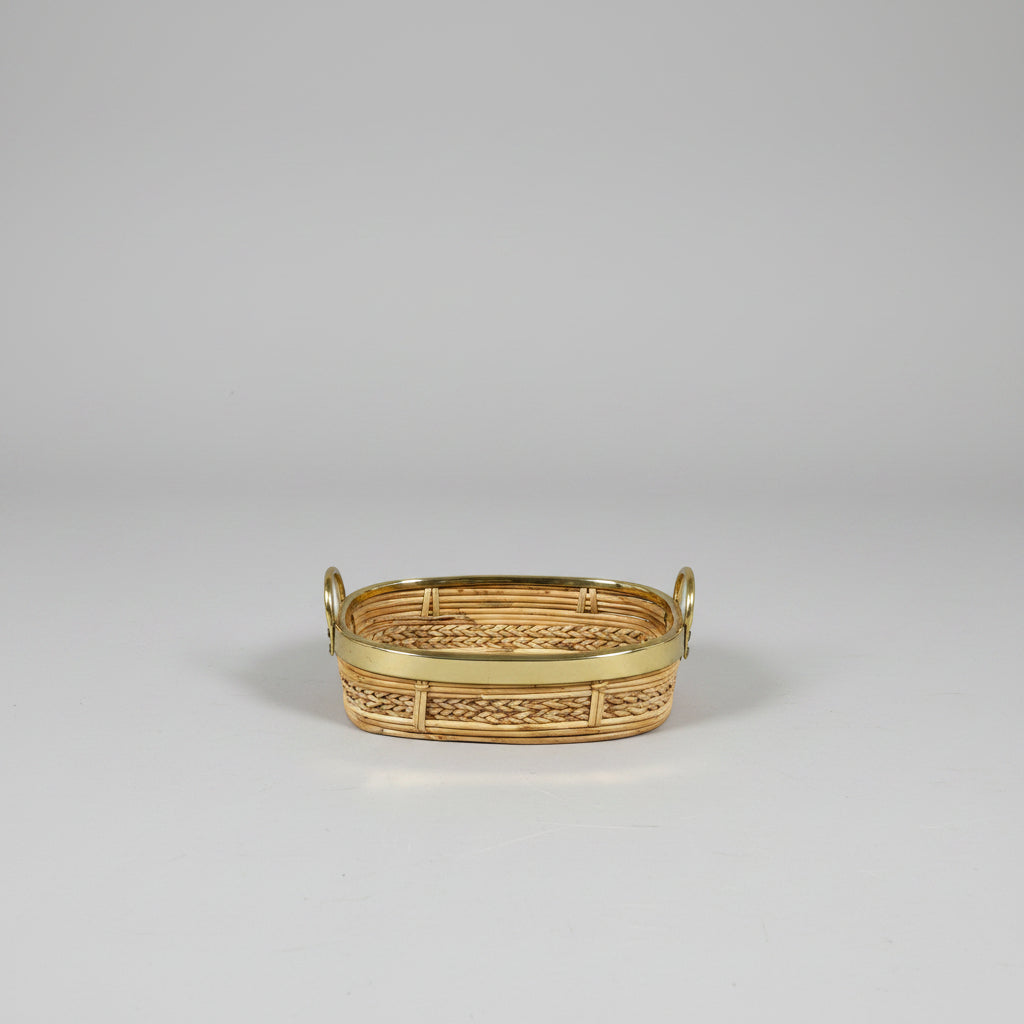 Rattan and Brass Handled Tray, in the Style of Gabriella Crespi, Italy, c.1970s