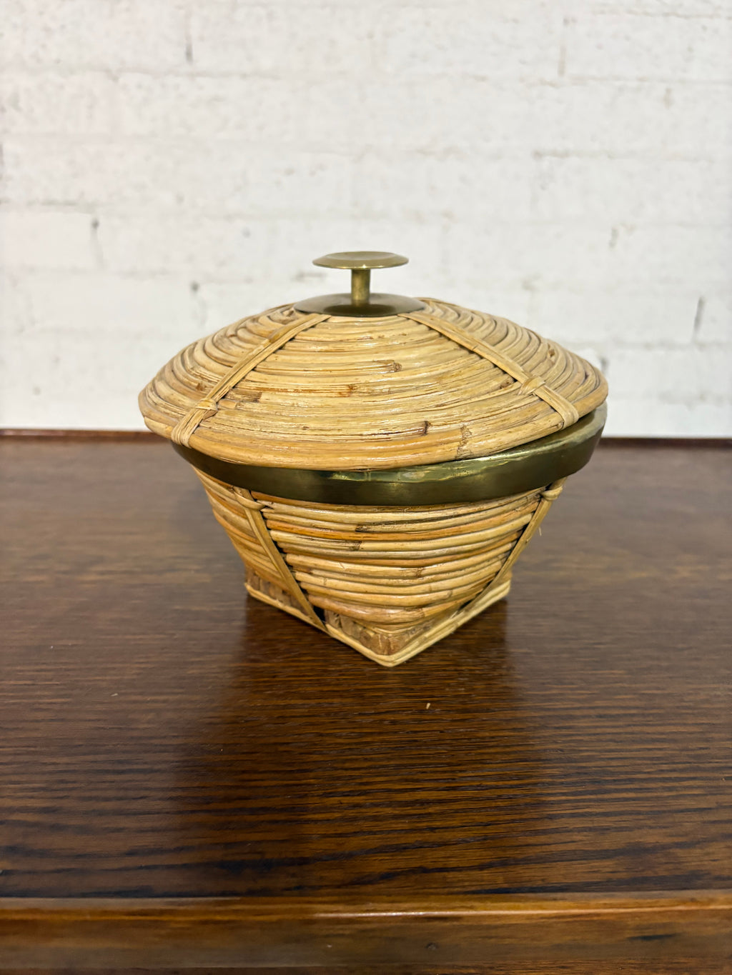 Rattan and Brass Lidded Box, in the Style of Gabriella Crespi, Italy, c.1970s