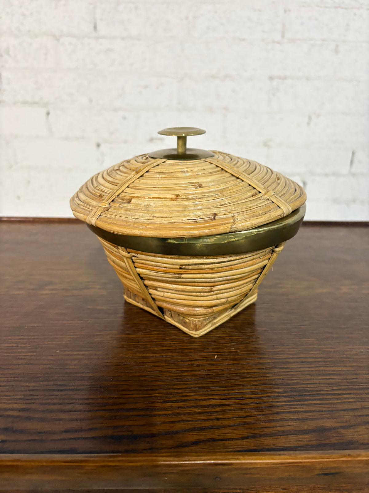 Rattan and Brass Lidded Box, in the Style of Gabriella Crespi, Italy, c.1970s