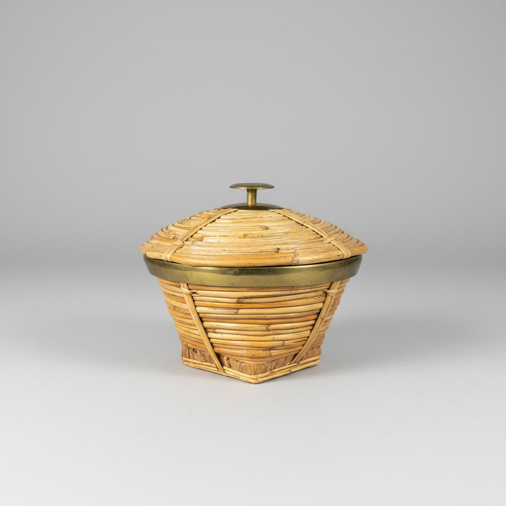 Rattan and Brass Lidded Box, in the Style of Gabriella Crespi, Italy, c.1970s