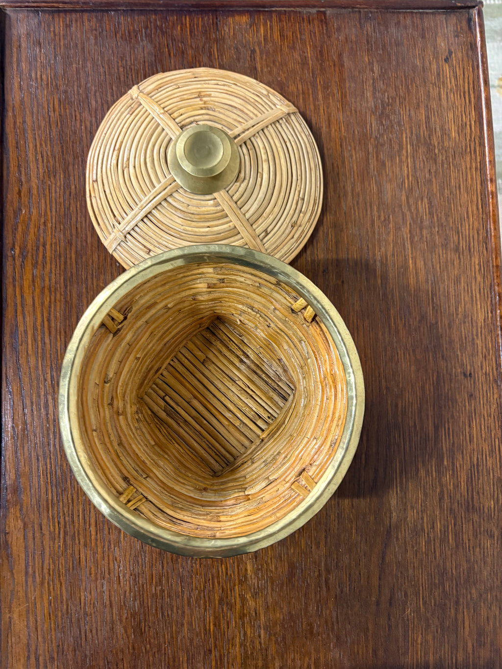 Rattan and Brass Lidded Box, in the Style of Gabriella Crespi, Italy, c.1970s