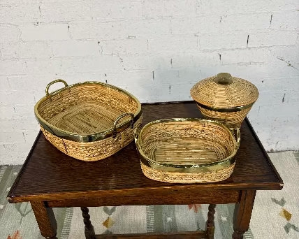 Rattan and Brass Handled Tray, in the Style of Gabriella Crespi, Italy, c.1970s