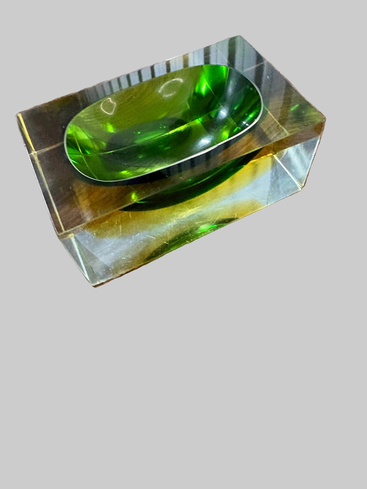 Murano Sommerso Bowl, Green and Yellow Cased Glass, Italy, c.1960s–1970s