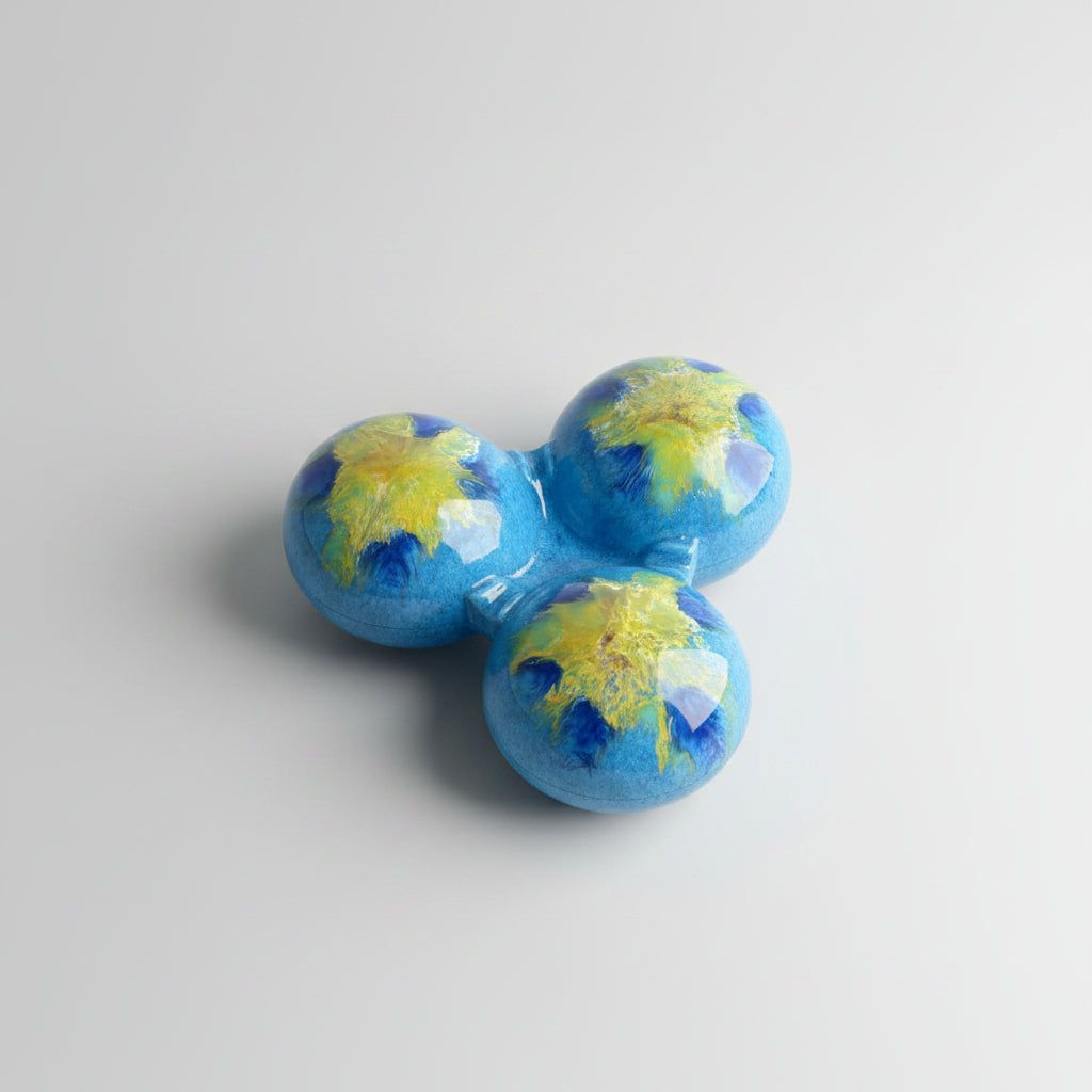 Bertoncello Ceramic Trefoil Ashtray, Reactive Blue and Yellow Glaze, Italy, c.1970s