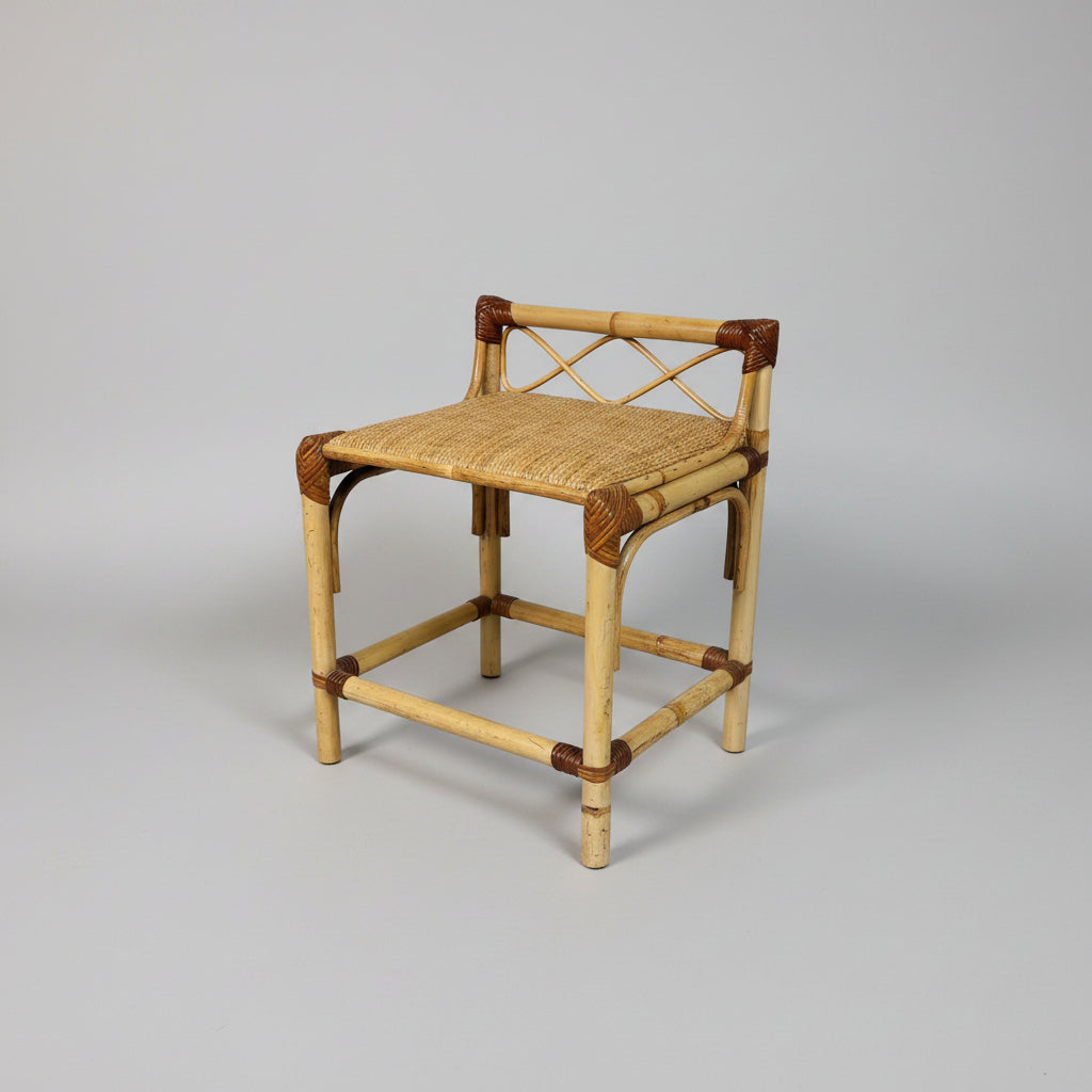 Rattan and Bamboo Dressing Stool in the Style of Franco Albini, Cushioned Cane Seat, Italy, c.1960s