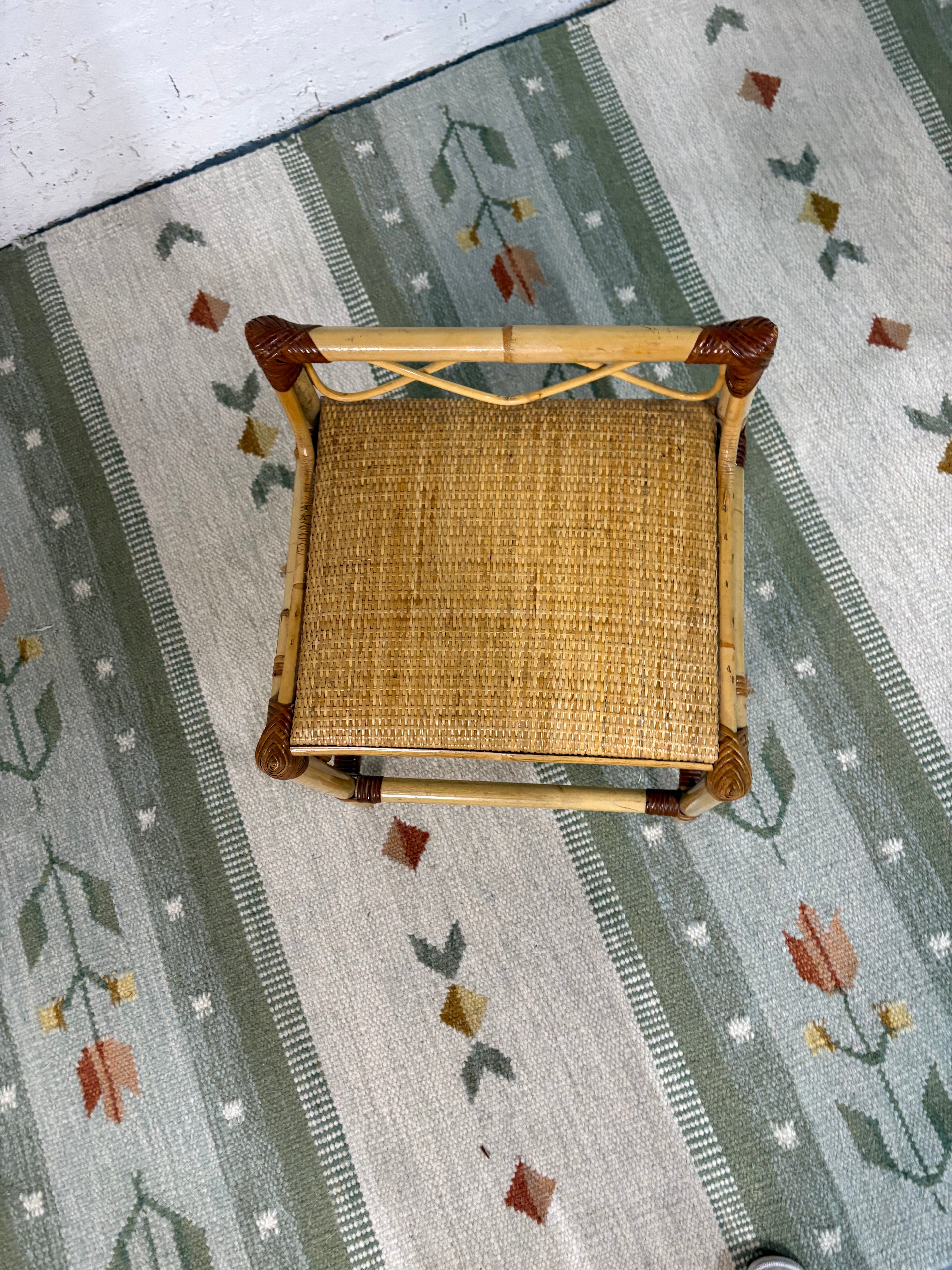 Rattan and Bamboo Dressing Stool in the Style of Franco Albini, Cushioned Cane Seat, Italy, c.1960s