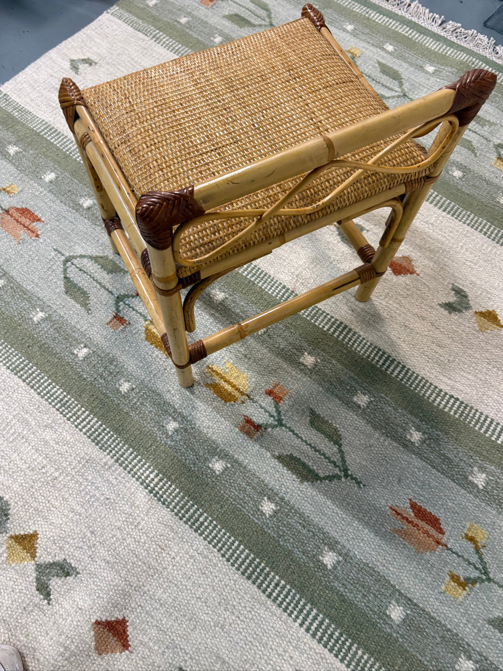 Rattan and Bamboo Dressing Stool in the Style of Franco Albini, Cushioned Cane Seat, Italy, c.1960s