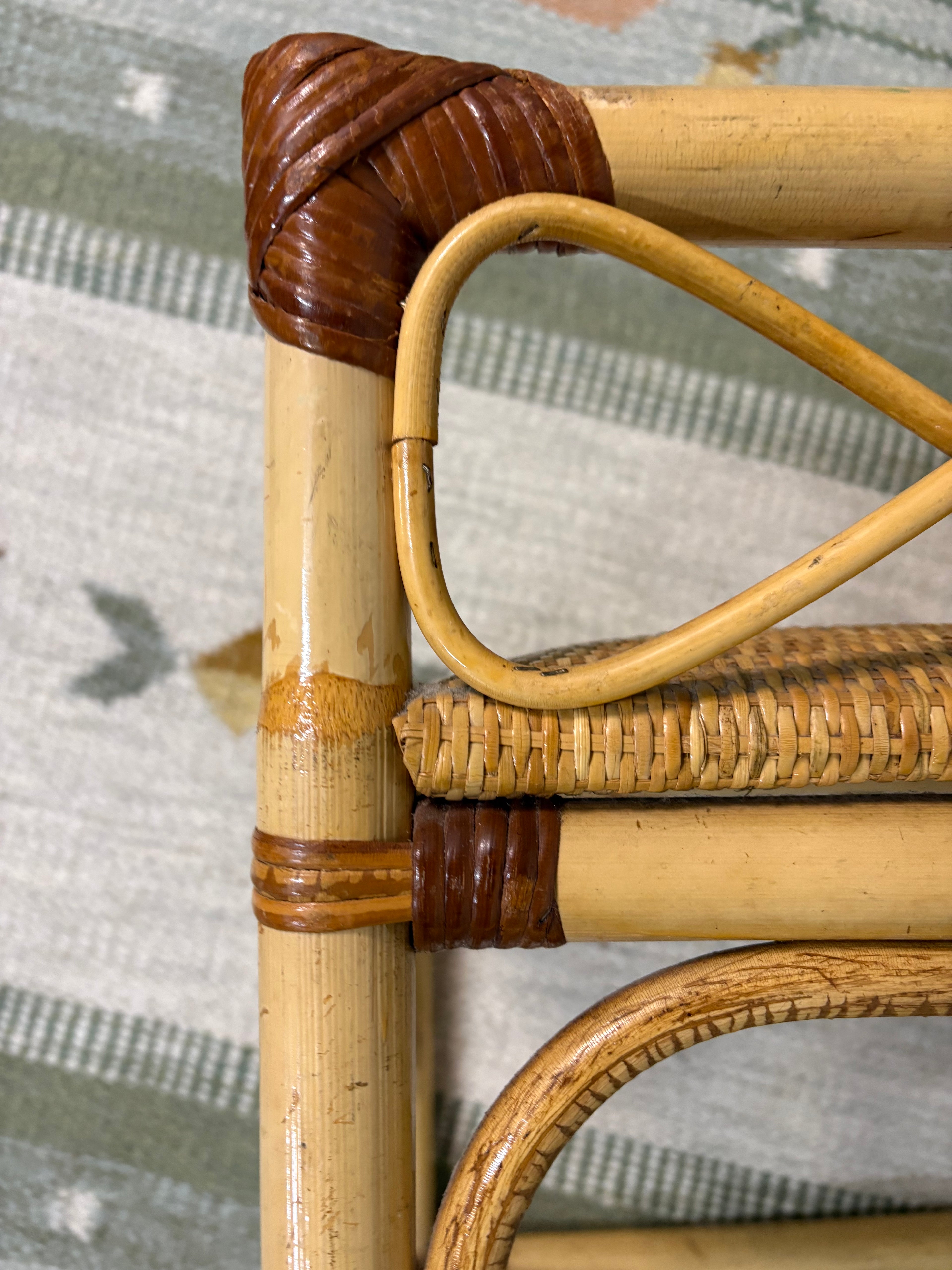 Rattan and Bamboo Dressing Stool in the Style of Franco Albini, Cushioned Cane Seat, Italy, c.1960s